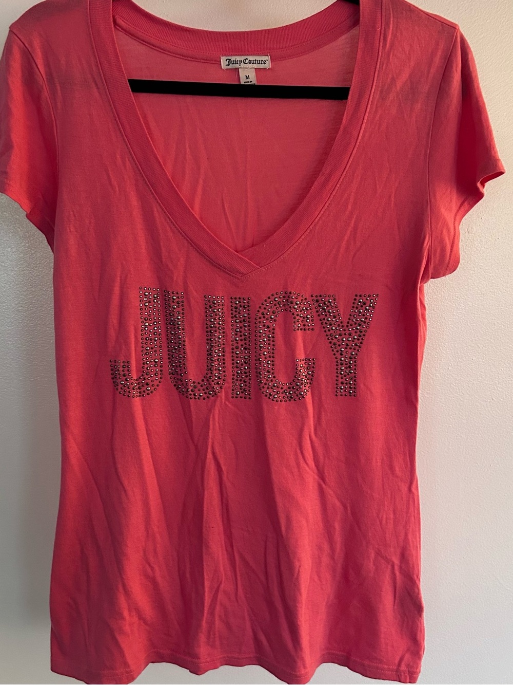 Juicy Couture Coral Pink V-Neck Studded 'JUICY' Logo Tee